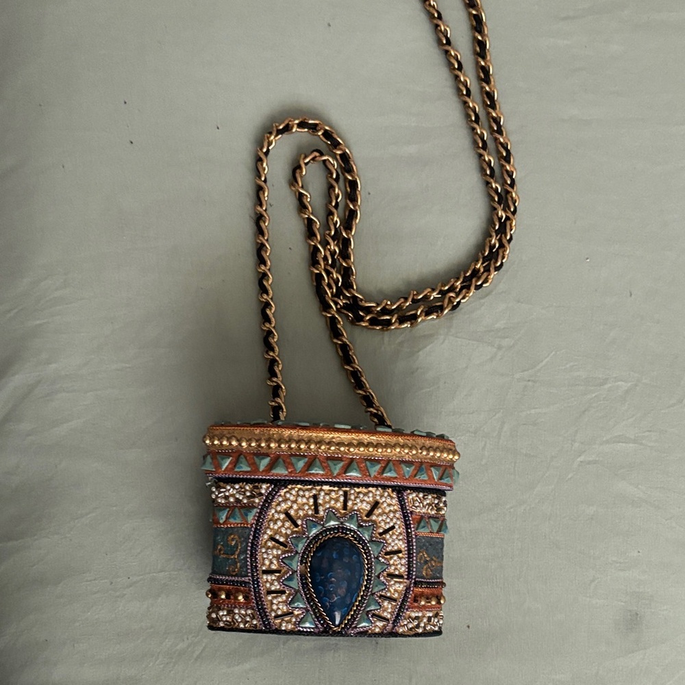 Bohemian Embroidered Mini Bag in Blue and Gold